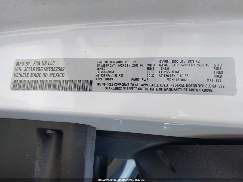 2021 Ram Promaster 1500 High Roof 136 Wb VIN: 3C6LRVBG1ME582589 Lot: 45255256