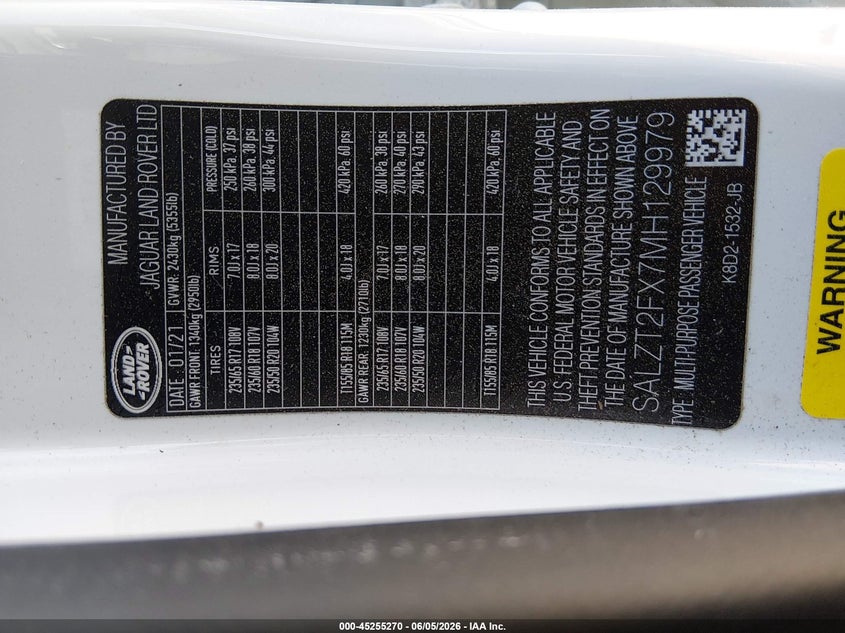 2021 Land Rover Range Rover Evoque R-Dynamic S VIN: SALZT2FX7MH129979 Lot: 45255270