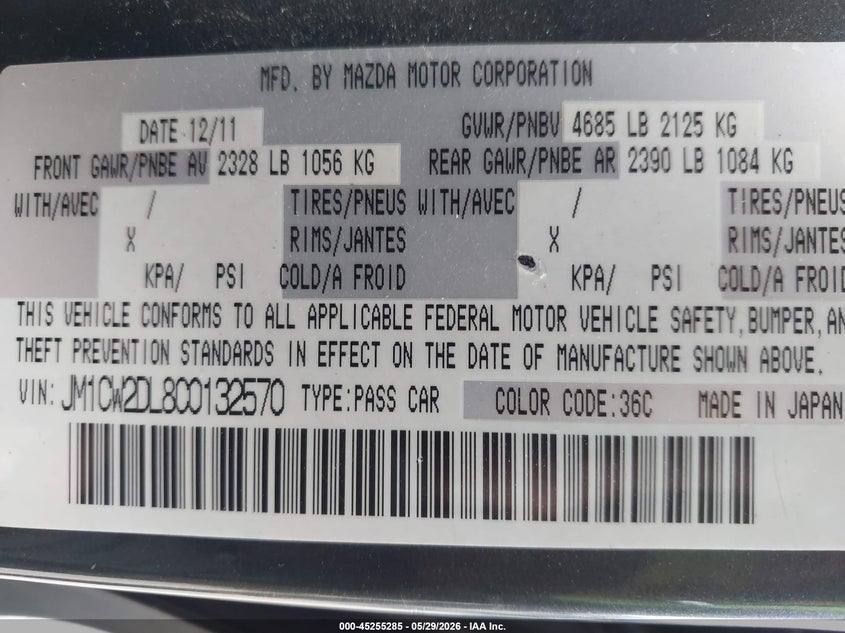 2012 Mazda 5 2.5 Grand Touring grey Lot 111045255285 Vin JM1CW2DL8C0132570