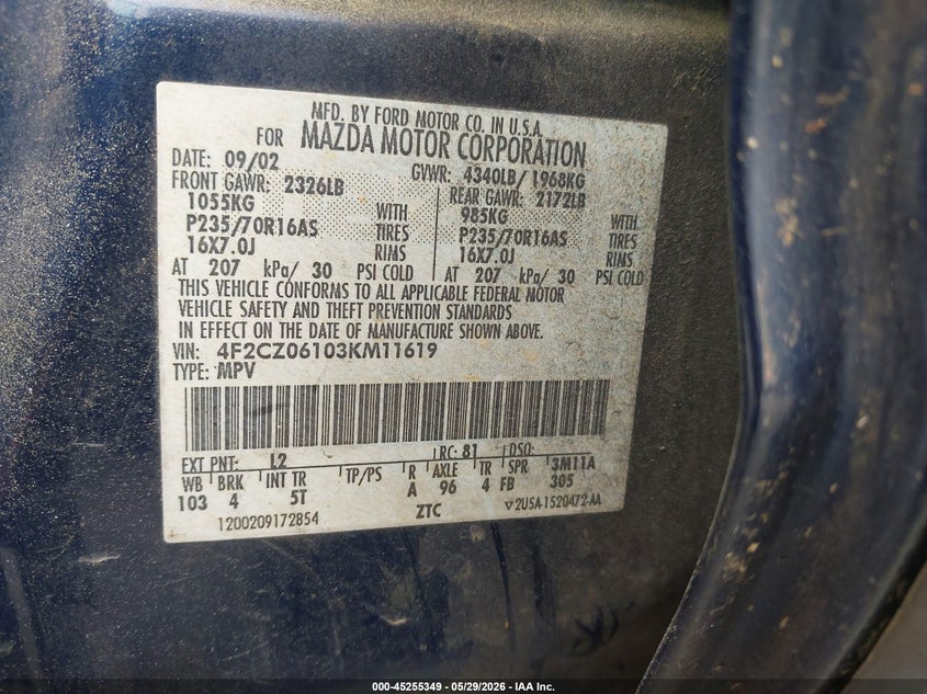 2003 Mazda Tribute Es V6 VIN: 4F2CZ06103KM11619 Lot: 45255349