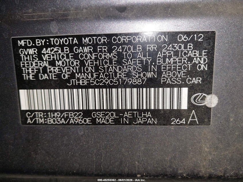 2012 Lexus Is 250 VIN: JTHBF5C29C5179887 Lot: 45255362