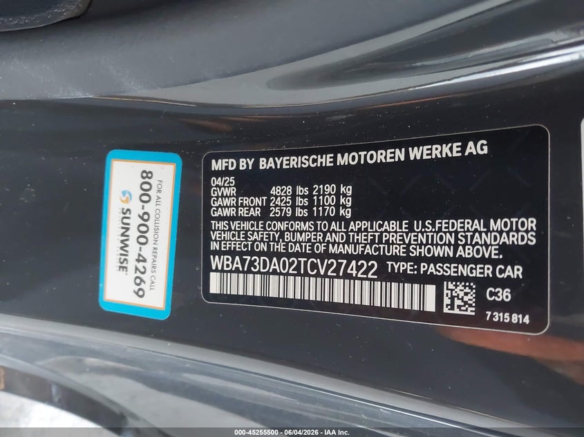 2026 BMW M440I VIN: WBA73DA02TCV27422 Lot: 45255500