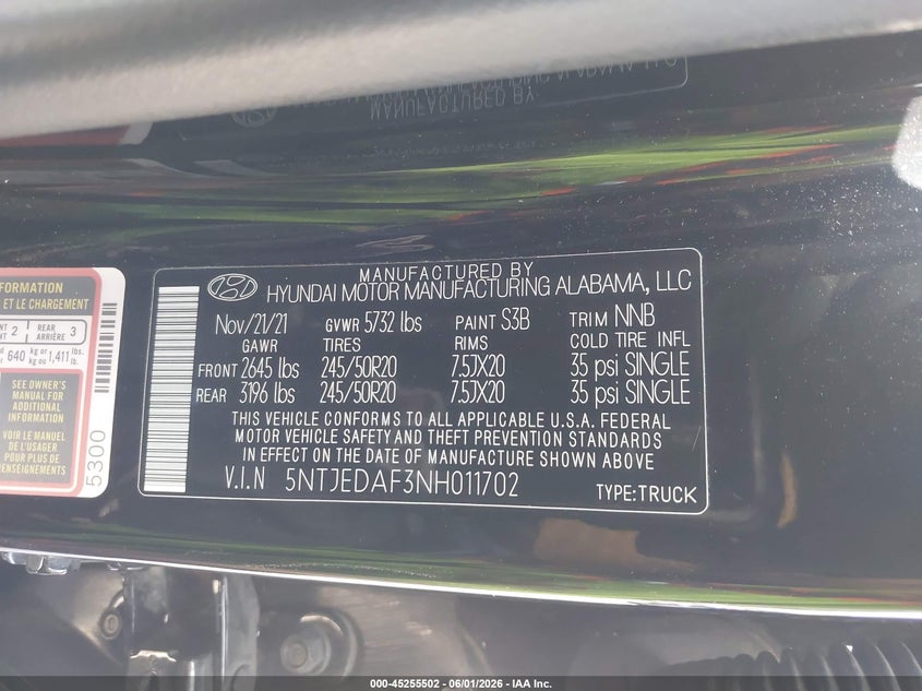 2022 Hyundai Santa Cruz Limited VIN: 5NTJEDAF3NH011702 Lot: 45255502