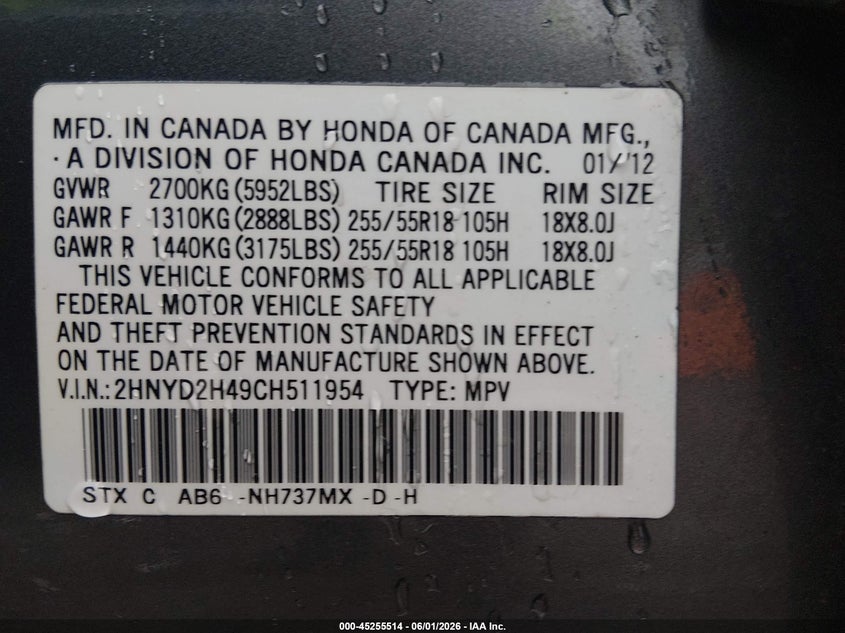 2012 Acura Mdx 3.7 Mdx Technology Package grey Lot 111045255514 Vin 2HNYD2H49CH511954