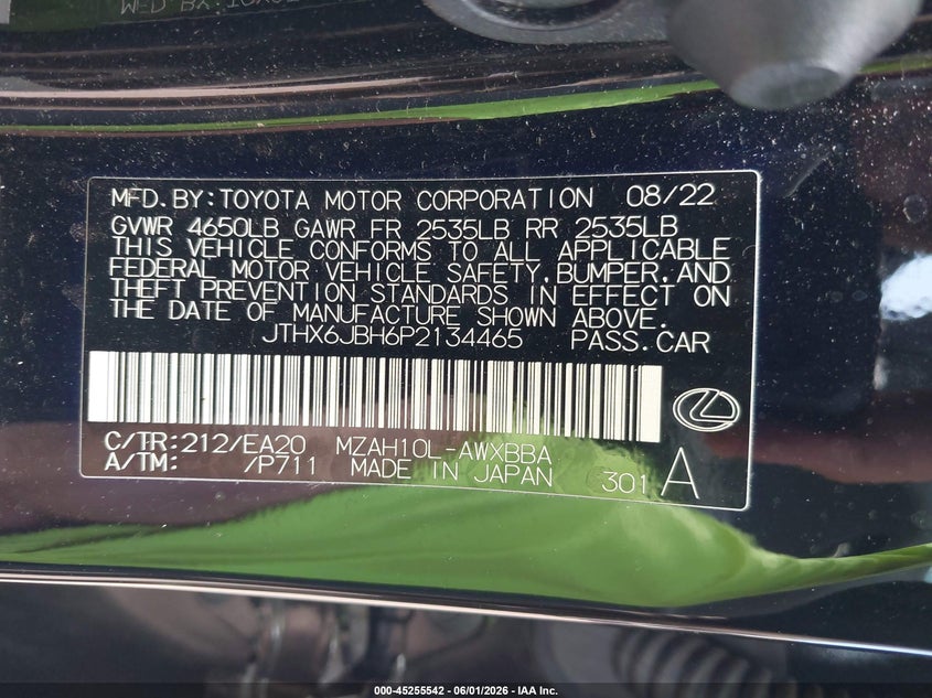 2023 Lexus Ux 250H VIN: JTHX6JBH6P2134465 Lot: 45255542