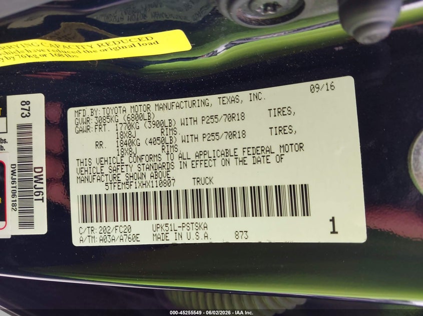 2017 Toyota Tundra Sr5 4.6L V8 VIN: 5TFEM5F1XHX110807 Lot: 45255549