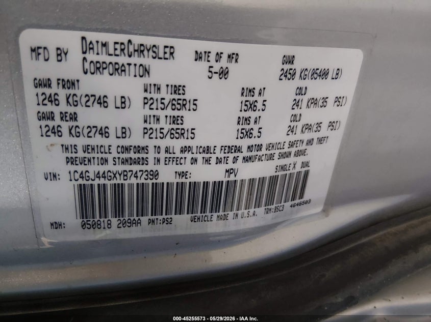 2000 Chrysler Grand Voyager Se VIN: 1C4GJ44GXYB747390 Lot: 45255573