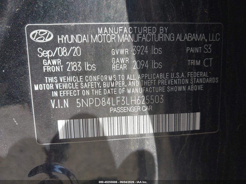 2020 Hyundai Elantra Value Edition VIN: 5NPD84LF3LH625503 Lot: 45255586