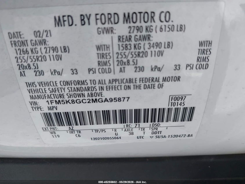 2021 FORD EXPLORER(VIN: 1FM5K8GC2MGA95877