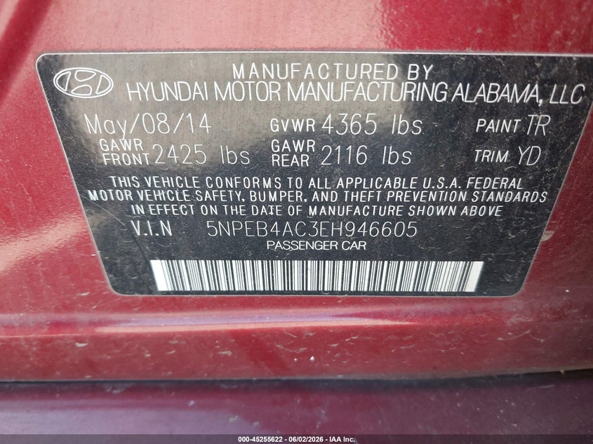 HYUNDAI SONATA 2014 VIN 5NPEB4AC3EH946605
