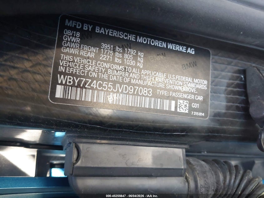 2018 BMW I3 94Ah W/Range Extender VIN: WBY7Z4C55JVD97083 Lot: 45255647