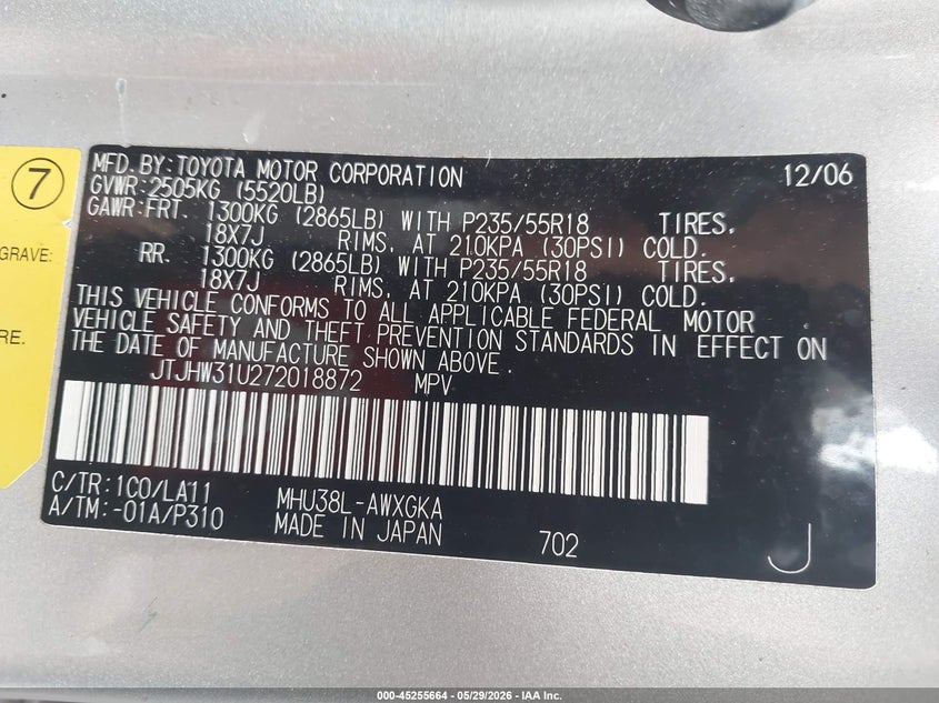 2007 Lexus Rx 400H VIN: JTJHW31U272018872 Lot: 45255664