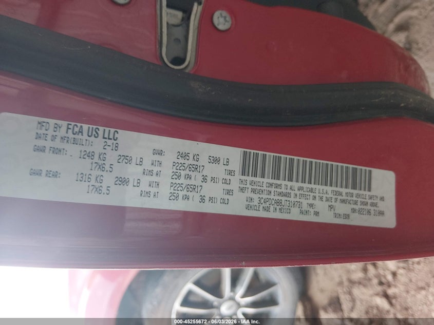 2018 Dodge Journey Se VIN: 3C4PDCAB8JT310731 Lot: 45255672