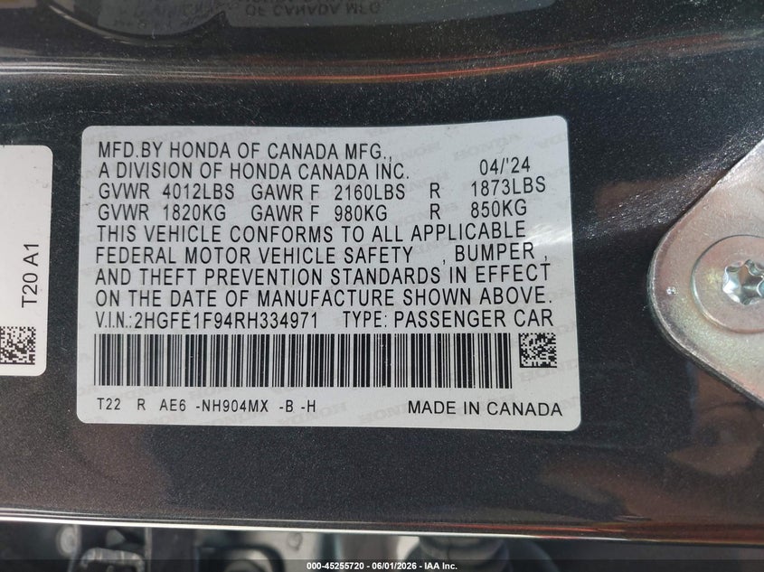 VIN 2HGFE1F94RH334971 2024 HONDA CIVIC TOURING