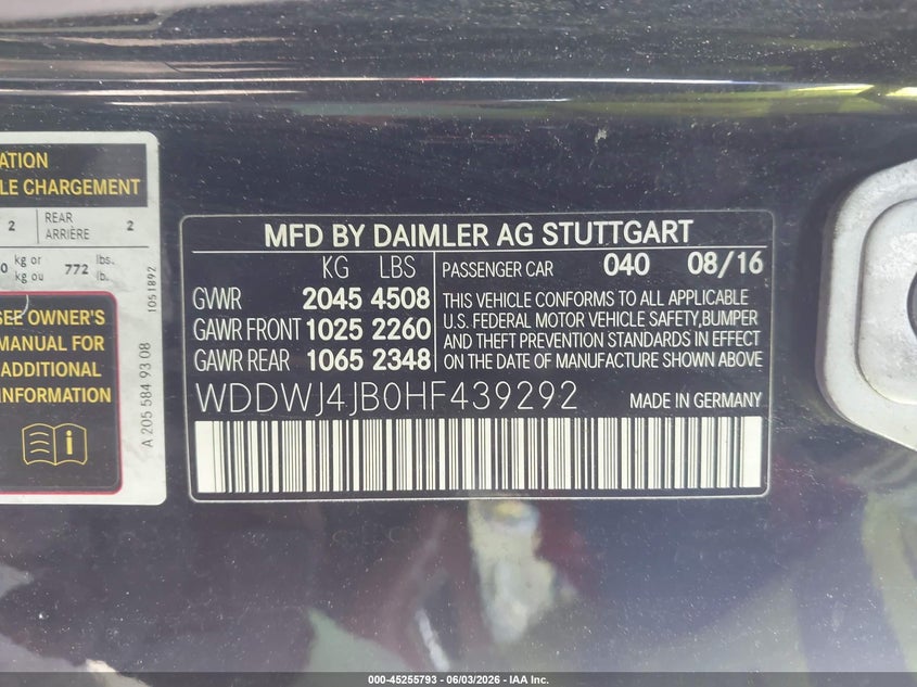 2017 Mercedes-Benz C 300 VIN: WDDWJ4JB0HF439292 Lot: 45255793