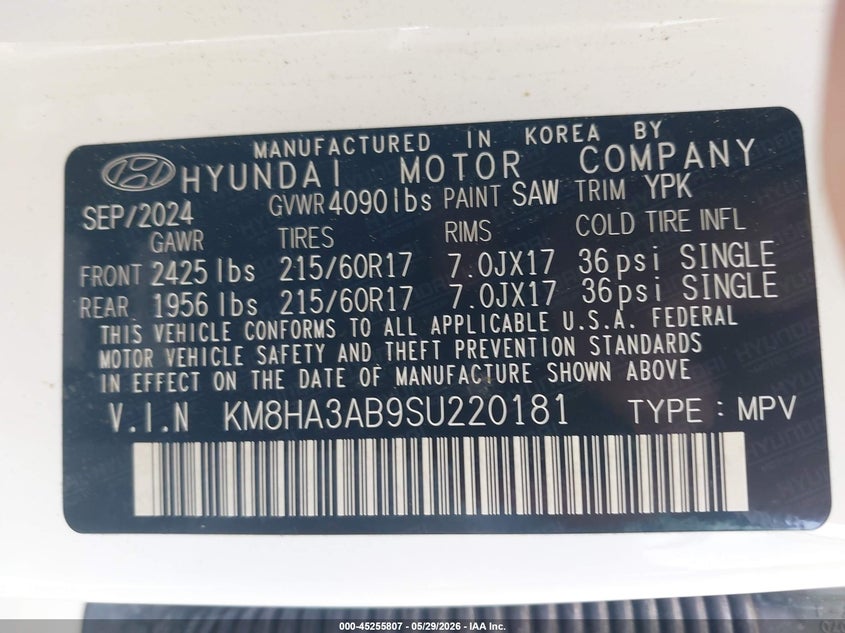 2025 Hyundai Kona Se VIN: KM8HA3AB9SU220181 Lot: 45255807