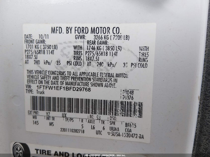 2011 Ford F-150 Xlt VIN: 1FTFW1EF1BFD29768 Lot: 45255953