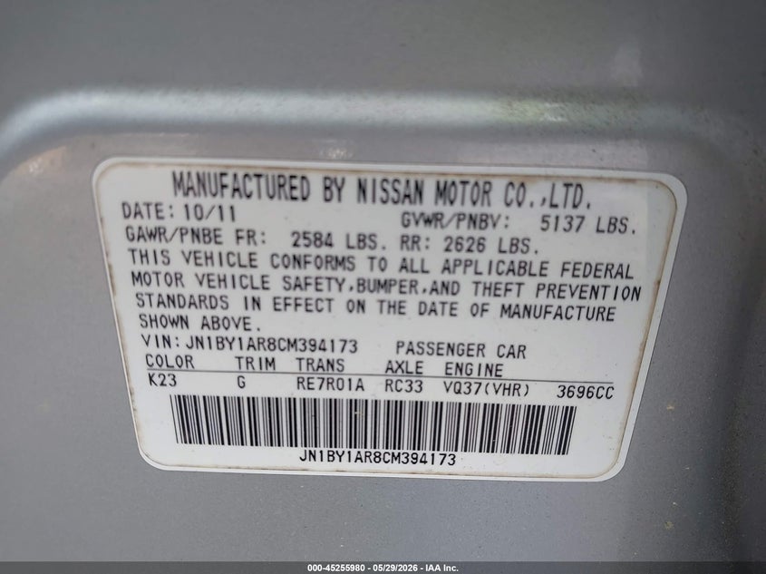 2012 Infiniti M37X VIN: JN1BY1AR8CM394173 Lot: 45255980
