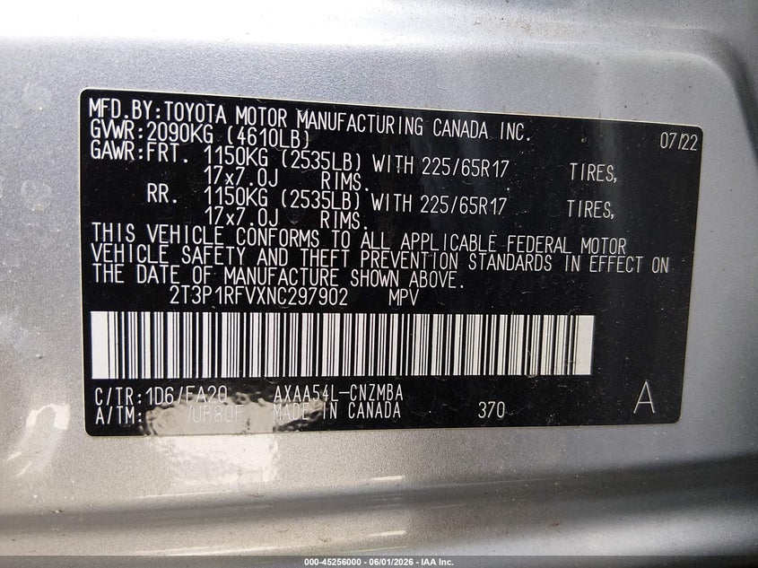 TOYOTA RAV4 2022 VIN 2T3P1RFVXNC297902