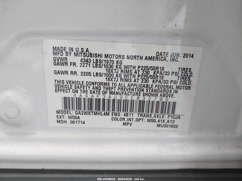2014 Mitsubishi Outlander Sport Es VIN: 4A4AP3AU9EE032709 Lot: 45256028