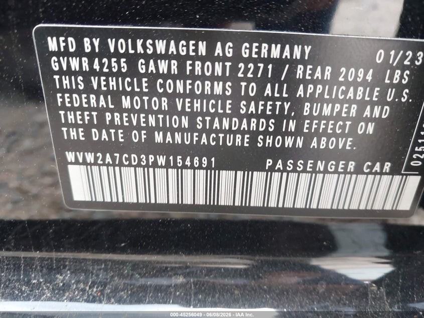 2023 VOLKSWAGEN GOLF GTI 2.0L I-4 DI, DOHC, V(VIN: WVW2A7CD3PW154691