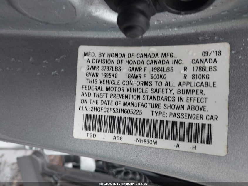 2018 HONDA CIVIC SEDAN 2.0L I-4 DOHC, VVT, 158HP