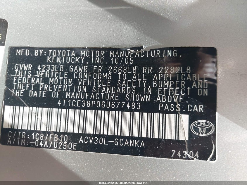 2006 Toyota Camry Solara Se VIN: 4T1CE38P06U677483 Lot: 45256165