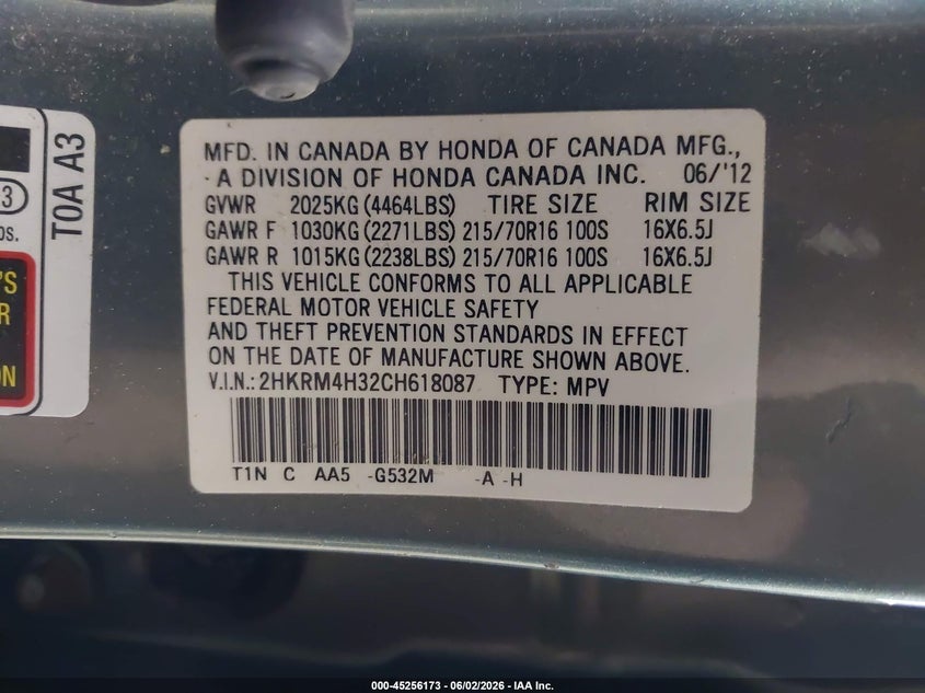 2012 Honda Cr-v 2.4 Cr-V Lx blue Lot 111045256173 Vin 2HKRM4H32CH618087