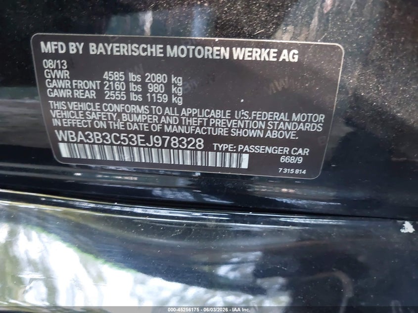 2014 BMW 328I xDrive VIN: WBA3B3C53EJ978328 Lot: 45256175