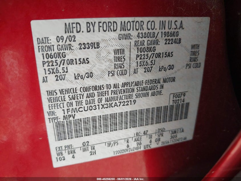2003 Ford Escape Xlt VIN: 1FMCU031X3KA72219 Lot: 45256200