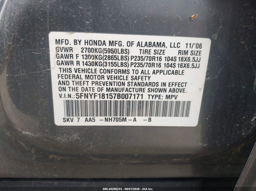 2007 Honda Pilot Lx VIN: 5FNYF18157B007171 Lot: 45256233