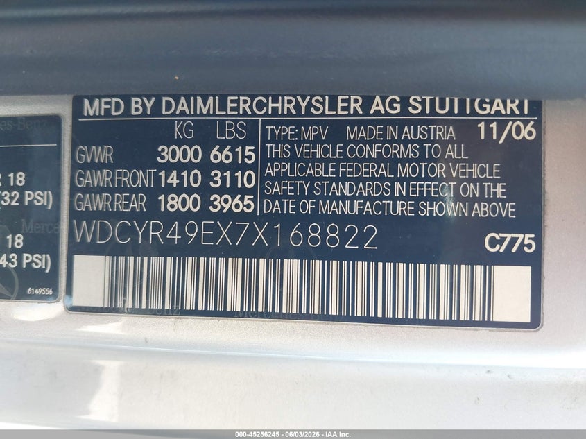 2007 Mercedes-Benz G 500 4Matic VIN: WDCYR49EX7X168822 Lot: 45256245