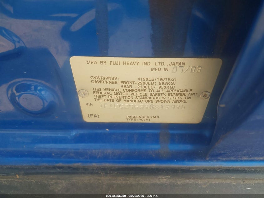 2004 Subaru Impreza Wrx VIN: JF1GG29634G813946 Lot: 45256259