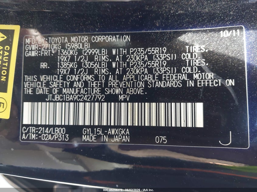 2012 Lexus Rx 3.5 Rx 450H black Lot 111045256279 Vin JTJBC1BA9C2427792