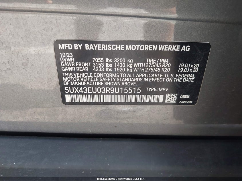 2024 BMW X5 Phev xDrive50E VIN: 5UX43EU03R9U15515 Lot: 45256397