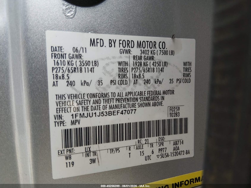 2011 Ford Expedition Xlt VIN: 1FMJU1J53BEF47077 Lot: 45256399