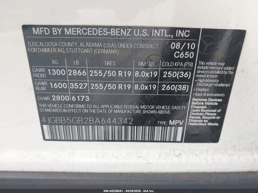 2011 Mercedes-Benz Ml 350 VIN: 4JGBB5GB2BA644342 Lot: 45256541