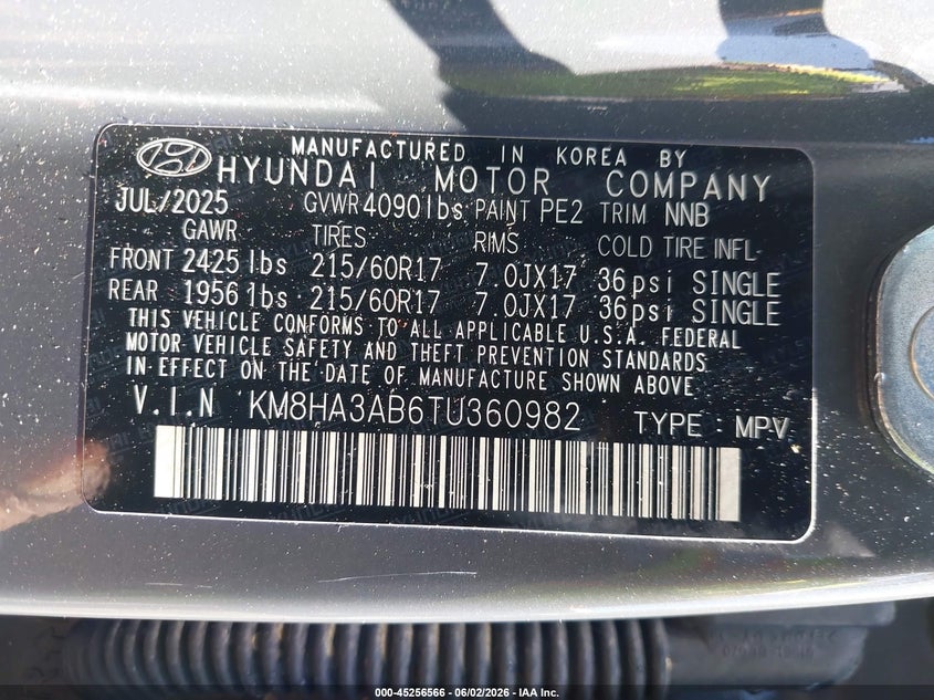 2026 Hyundai Kona Se VIN: KM8HA3AB6TU360982 Lot: 45256566