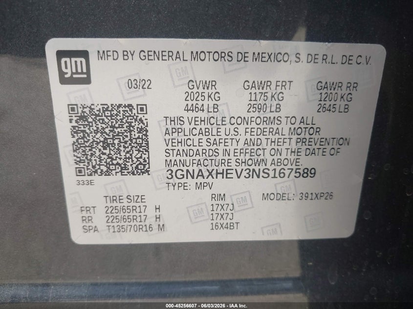 2022 CHEVROLET EQUINOX SPORT UTILITY VEHICLE 1.5L I-4 DI, DOHC, VVT, TURBO, 170HP