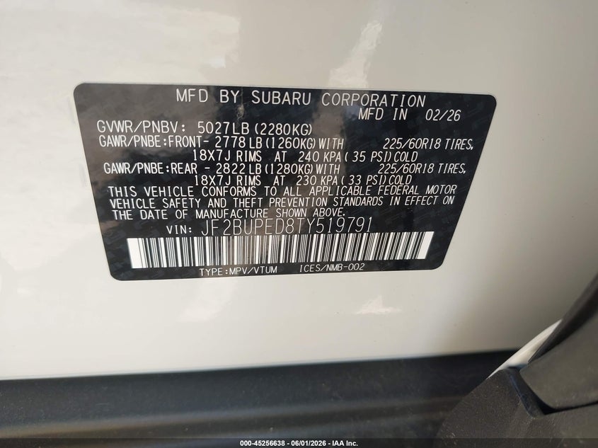 VIN: JF2BUPED8TY519791 2026 SUBARU OUTBACK TOURING