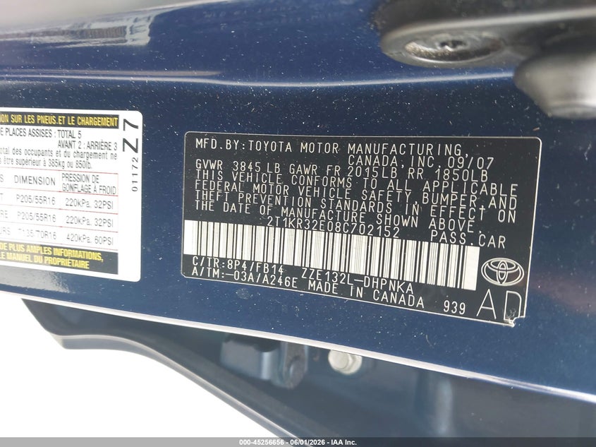 2008 Toyota Matrix Xr VIN: 2T1KR32E08C702152 Lot: 45256656