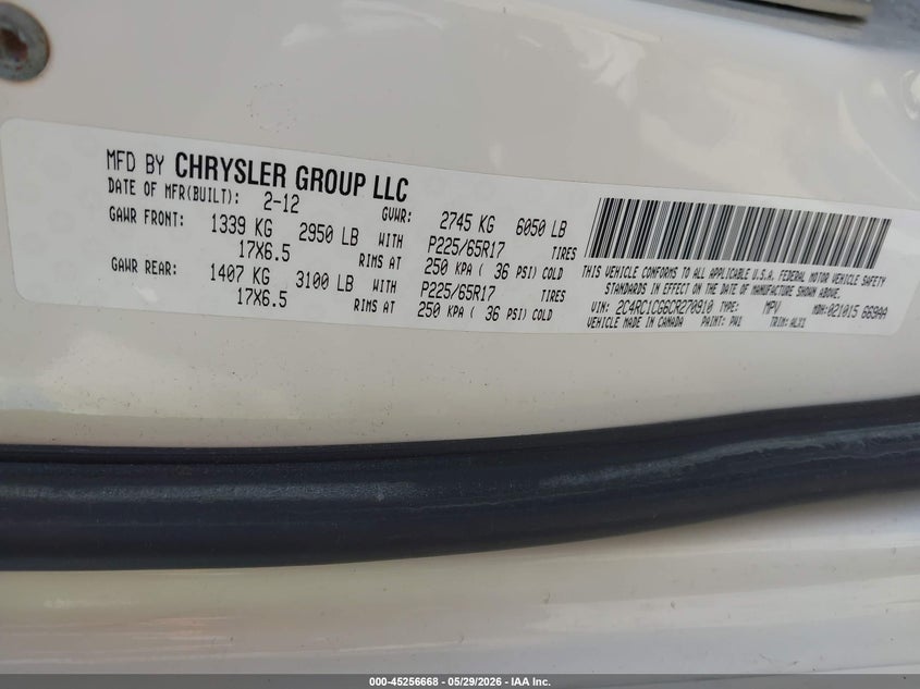 2012 Chrysler Town & Country Touring-L VIN: 2C4RC1CG6CR270910 Lot: 45256668