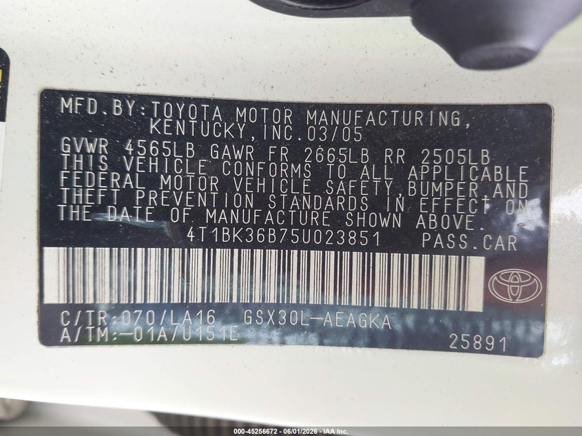2005 Toyota Avalon Xls VIN: 4T1BK36B75U023851 Lot: 45256672