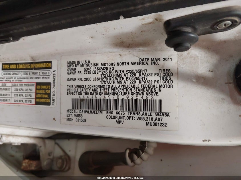 2011 Mitsubishi Endeavor Ls VIN: 4A4JN2AS7BE025493 Lot: 45256680
