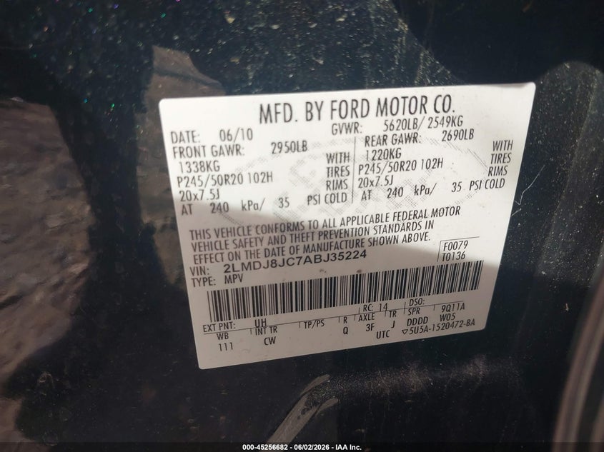 2010 Lincoln Mkx VIN: 2LMDJ8JC7ABJ35224 Lot: 45256682