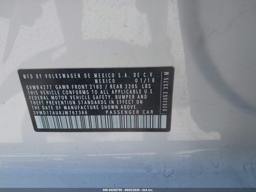 2018 Volkswagen Golf Sportwagen Tsi S/Tsi Se VIN: 3VWD17AU8JM762366 Lot: 45256759