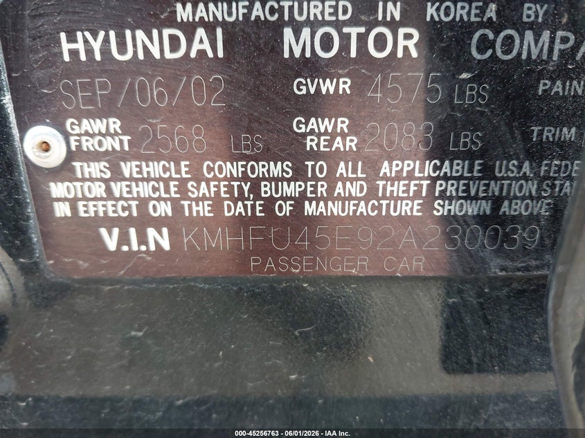 2002 Hyundai Xg350 L VIN: KMHFU45E92A230039 Lot: 45256763