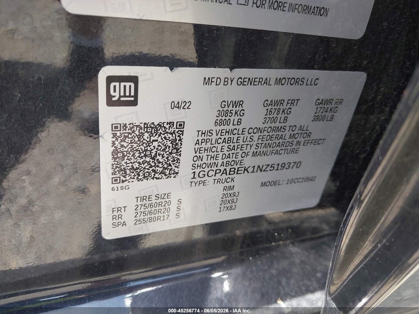 2022 CHEVROLET SILVERADO 1500 2.7L I-4 DI, DOHC, V(VIN: 1GCPABEK1NZ519370