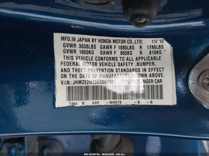 2011 Honda Insight Ex VIN: JHMZE2H73BS001381 Lot: 45256794