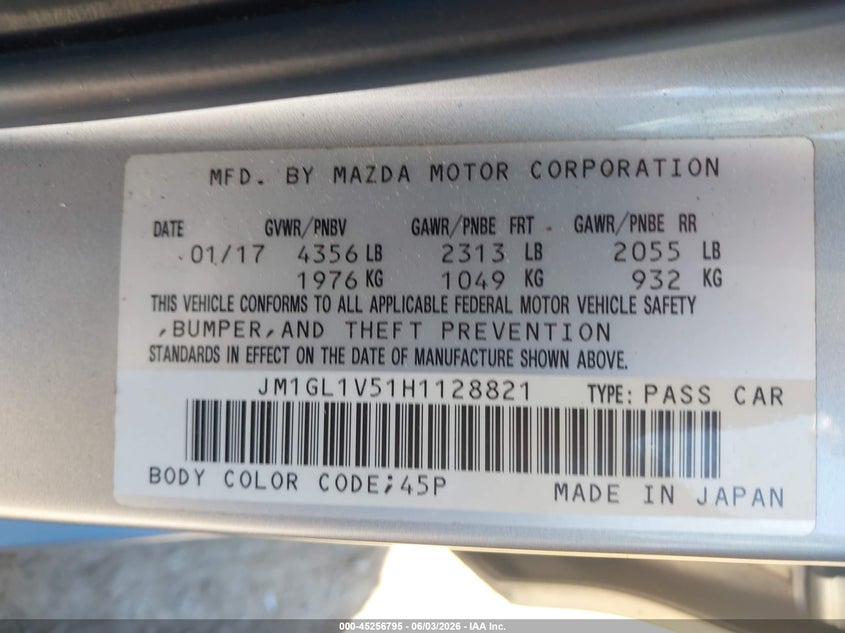 2017 Mazda Mazda6 Touring VIN: JM1GL1V51H1128821 Lot: 45256795